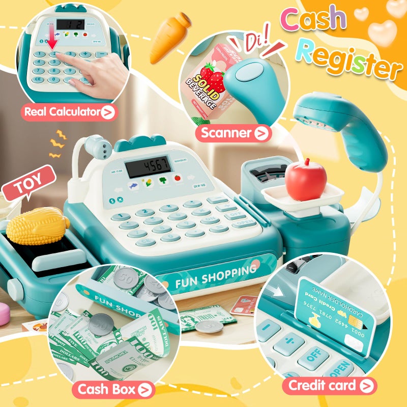 STACTCUTE 49PCS Pretend Play Cash Register Toy Set for Kids with Real Calculator Scanner Microphone Conveyor Belt Weighing Tool Cashier Playset Realistic Gift for Toddler Kid Ages 3 4 5 6 7 8 (Green) - Image 4